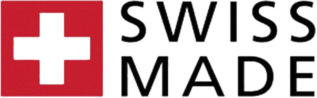 "Swiss Made" vedle bílého kříže na červeném pozadí. Symbolizuje vysoce kvalitní produkty ze Švýcarska.