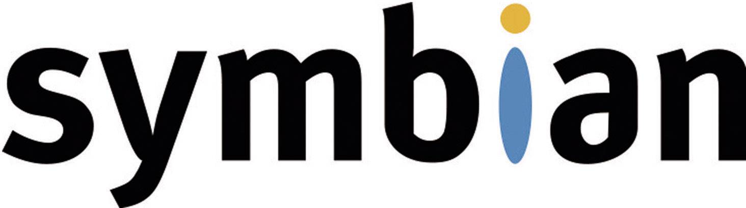 Obrázek zobrazuje logo operačního systému 'Symbian' v černém písmu s modrým bodem nad písmenem 'i'.