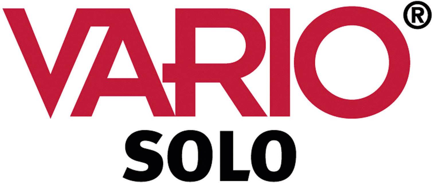 Logo 'VARIO SOLO' v červených a černých písmenech.