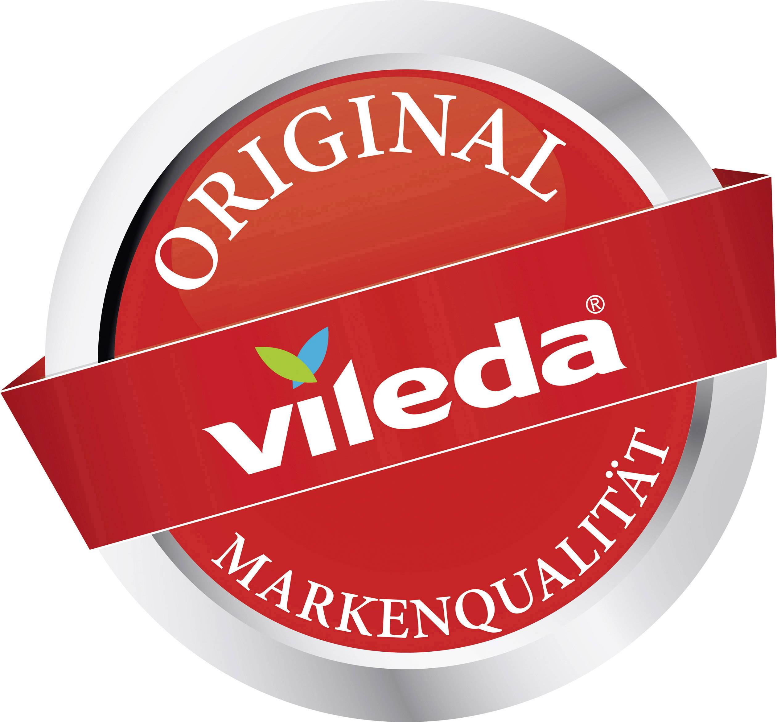 Kulaté logo s červeným pozadím a stříbrným okrajem. Uprostřed je nápis 'vileda' bílou barvou, kolem něj jsou slova 'Original' a 'Markenqualität'.