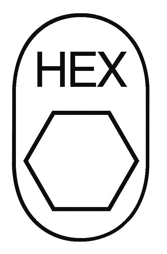 Šestiúhelníkový symbol s nápisem 'HEX' nad ním, umístěný v oválném rámečku.