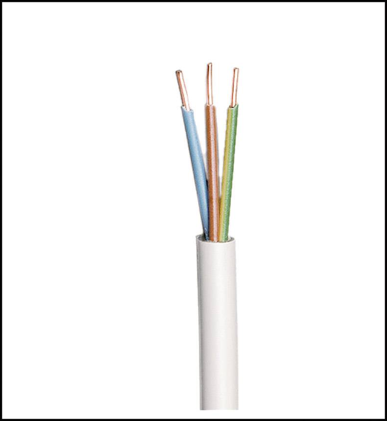 Otevřený kabel se čtyřmi volně viditelnými měděnými vodiči v modré, hnědé, zelené a oranžové izolaci na bílém pozadí.