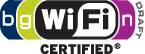 Logo 'Wi-Fi CERTIFIED' s písmeny 'b', 'g', 'n' obklopenými třemi půlkruhy, které reprezentují různé Wi-Fi standardy.