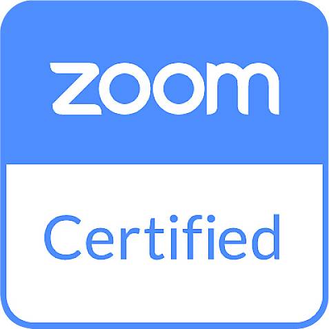 Modré logo se slovem 'zoom' nahoře a 'Certified' dole.