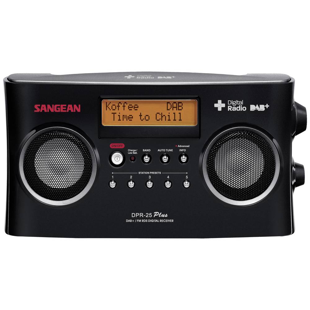 Sangean DPR-25+ přenosné rádio DAB+, FM AUX s USB nabíječkou černá