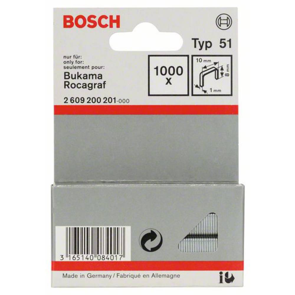 Sponky do sponkovačky z plochého drátu, typ 51 - 10 x 1 x 8 mm 1000 ks Bosch Accessories 2609200201 Rozměry (d x š) 8 mm