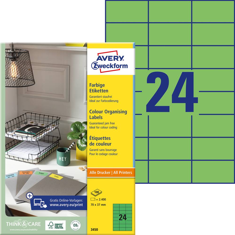 Avery-Zweckform 3450 univerzální etikety 70 x 37 mm papír zelená 2400 ks trvalé inkoustová tiskárna, laserová tiskárna,