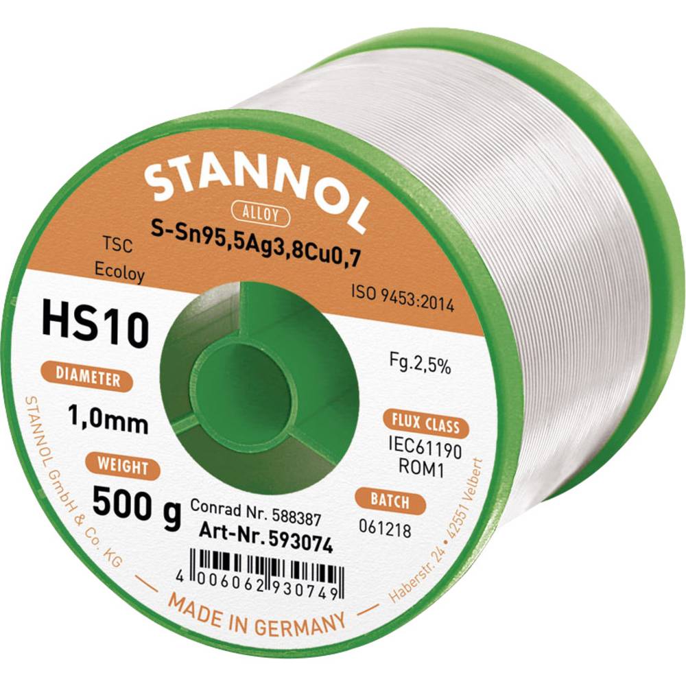 Stannol HS10 2510 bezolovnatý pájecí cín cívka Sn95,5Ag3,8Cu0,7 ROM1 500 g 1 mm