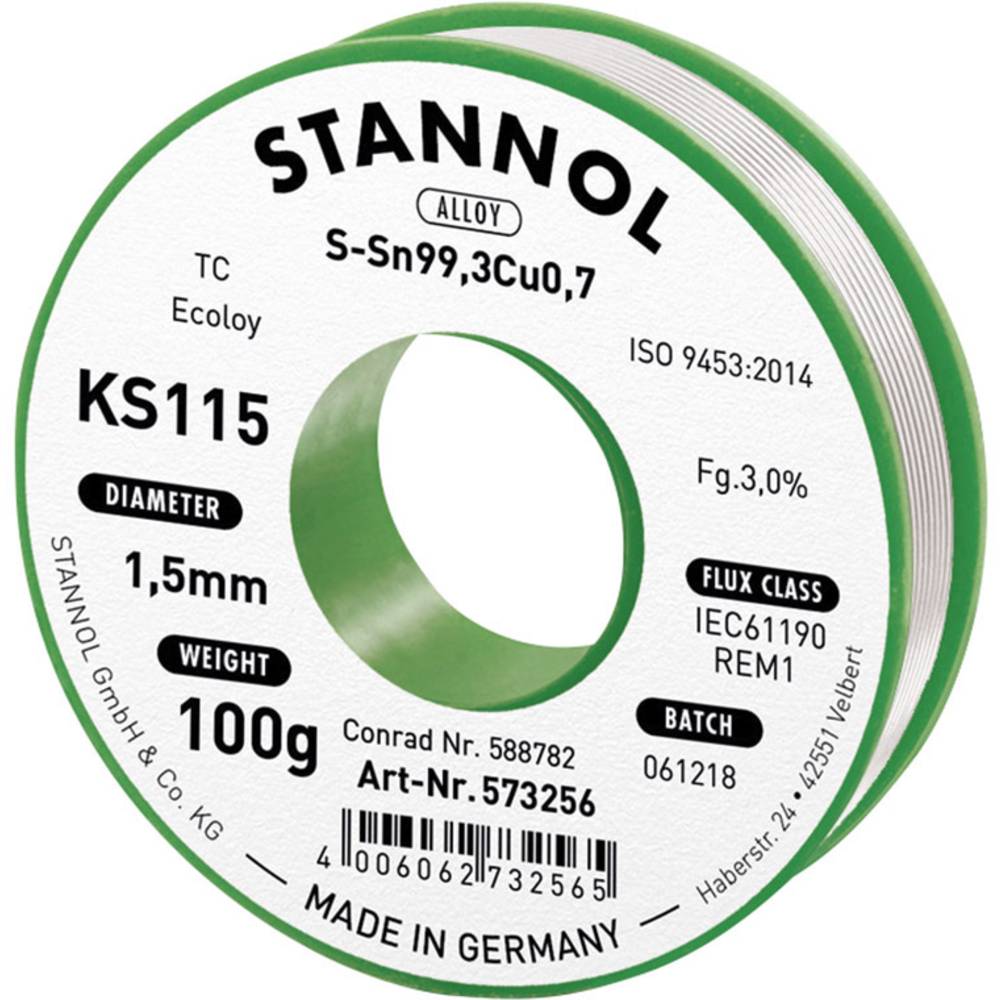Stannol KS115 bezolovnatý pájecí cín cívka Sn99,3Cu0,7 ROM1 100 g 1.5 mm