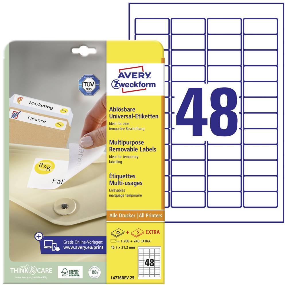 Avery-Zweckform L4736REV-25 univerzální etikety 45.7 x 21.2 mm papír bílá 1440 ks přemístitelné inkoustová tiskárna, las