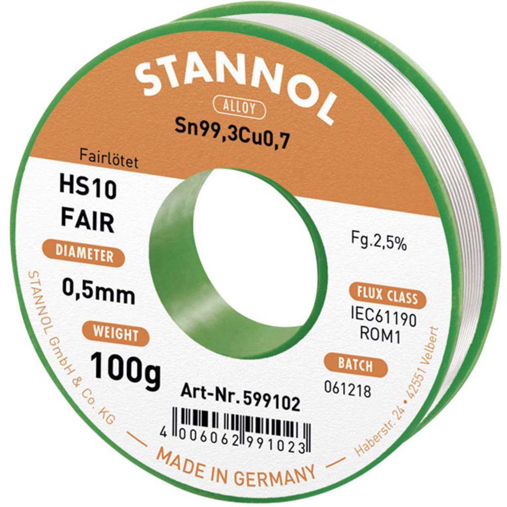 Stannol HS10-Fair pájecí cín cívka Sn99,3Cu0,7 ROM1 100 g 0.5 mm