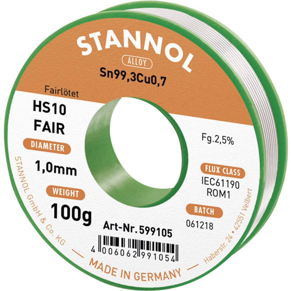 Stannol HS10-Fair pájecí cín cívka Sn99,3Cu0,7 ROM1 100 g 1 mm