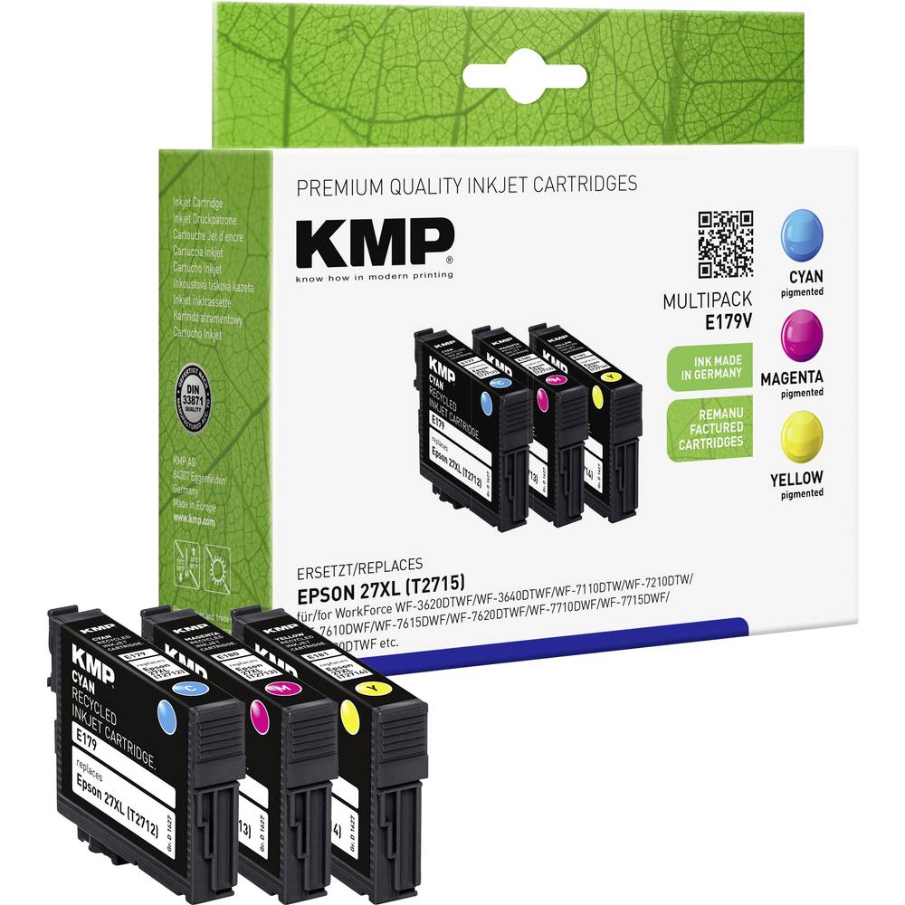 KMP Ink náhradní Epson 27XL, T2715, T2712, T2713, T2714 kompatibilní kombinované balení azurová, purppurová, žlutá E179V