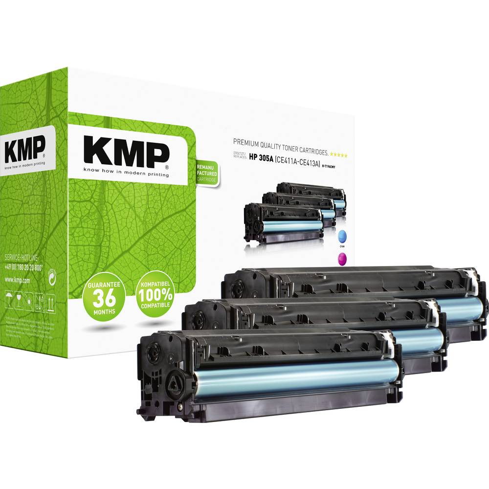 KMP H-T196 CMY kazeta s tonerem kombinované balení náhradní HP 305A, CE411A, CE412A, CE413A azurová, purppurová, žlutá 3