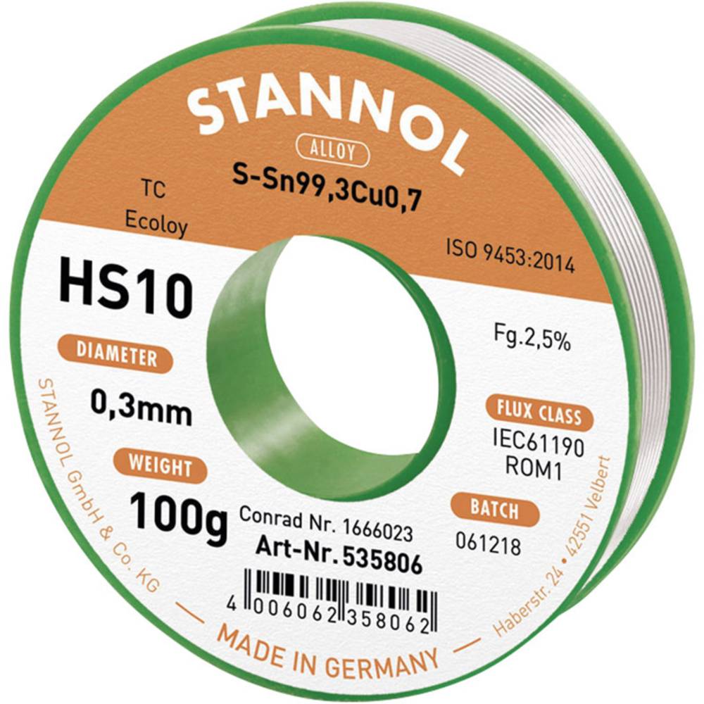 Stannol HS10 2,5% 0,3MM SN99,3CU0,7 CD 100G bezolovnatý pájecí cín bez olova, cívka Sn99,3Cu0,7 ROM1 100 g 0.3 mm