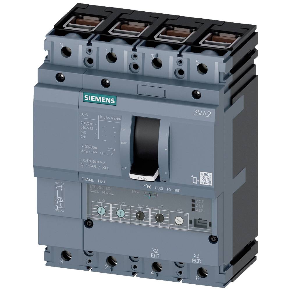 Siemens 3VA2163-5HN46-0AA0 výkonový vypínač 1 ks Rozsah nastavení (proud): 25 - 63 A Spínací napětí (max.): 690 V/AC (š