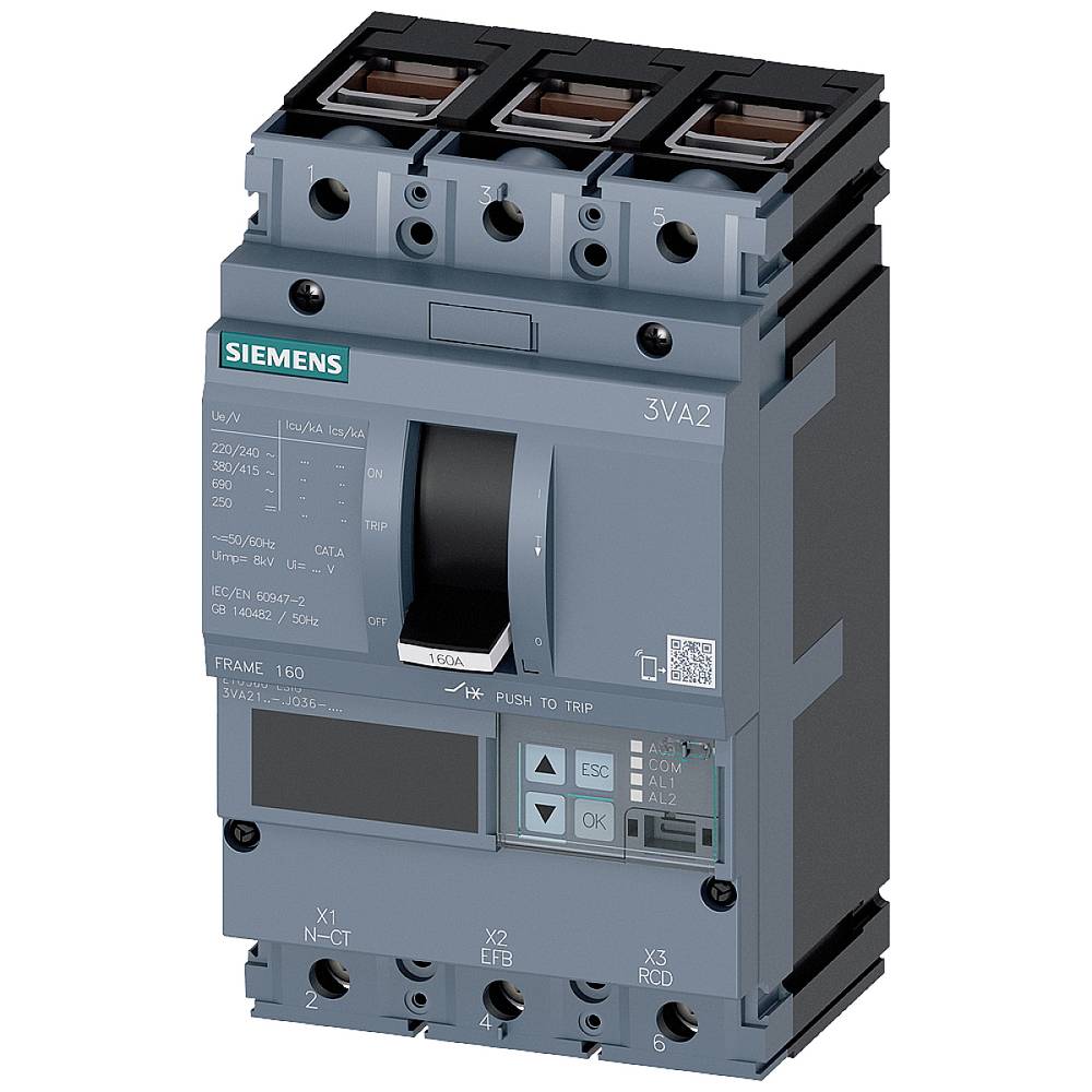 Siemens 3VA2163-5JQ36-0AA0 výkonový vypínač 1 ks Rozsah nastavení (proud): 25 - 63 A Spínací napětí (max.): 690 V/AC (š