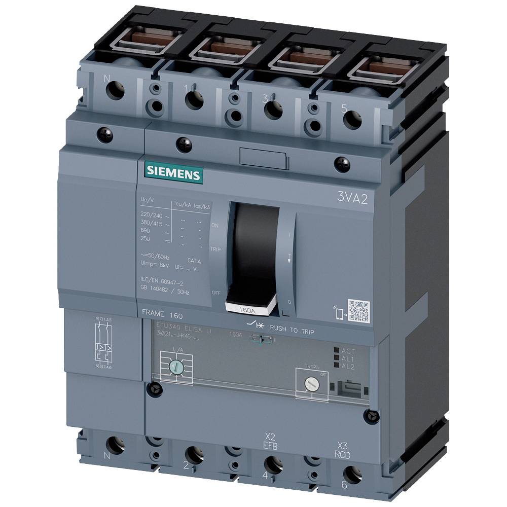 Siemens 3VA2163-6HK46-0AA0 výkonový vypínač 1 ks Rozsah nastavení (proud): 25 - 63 A Spínací napětí (max.): 690 V/AC (š