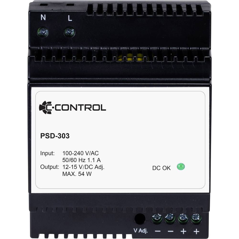 C-Control PSD-303 síťový zdroj na DIN lištu Spotřeba (Stand-By) 0.3 W 12 V/DC 4.5 A 54 W Počet výstupů:1 x Obsah 1 ks