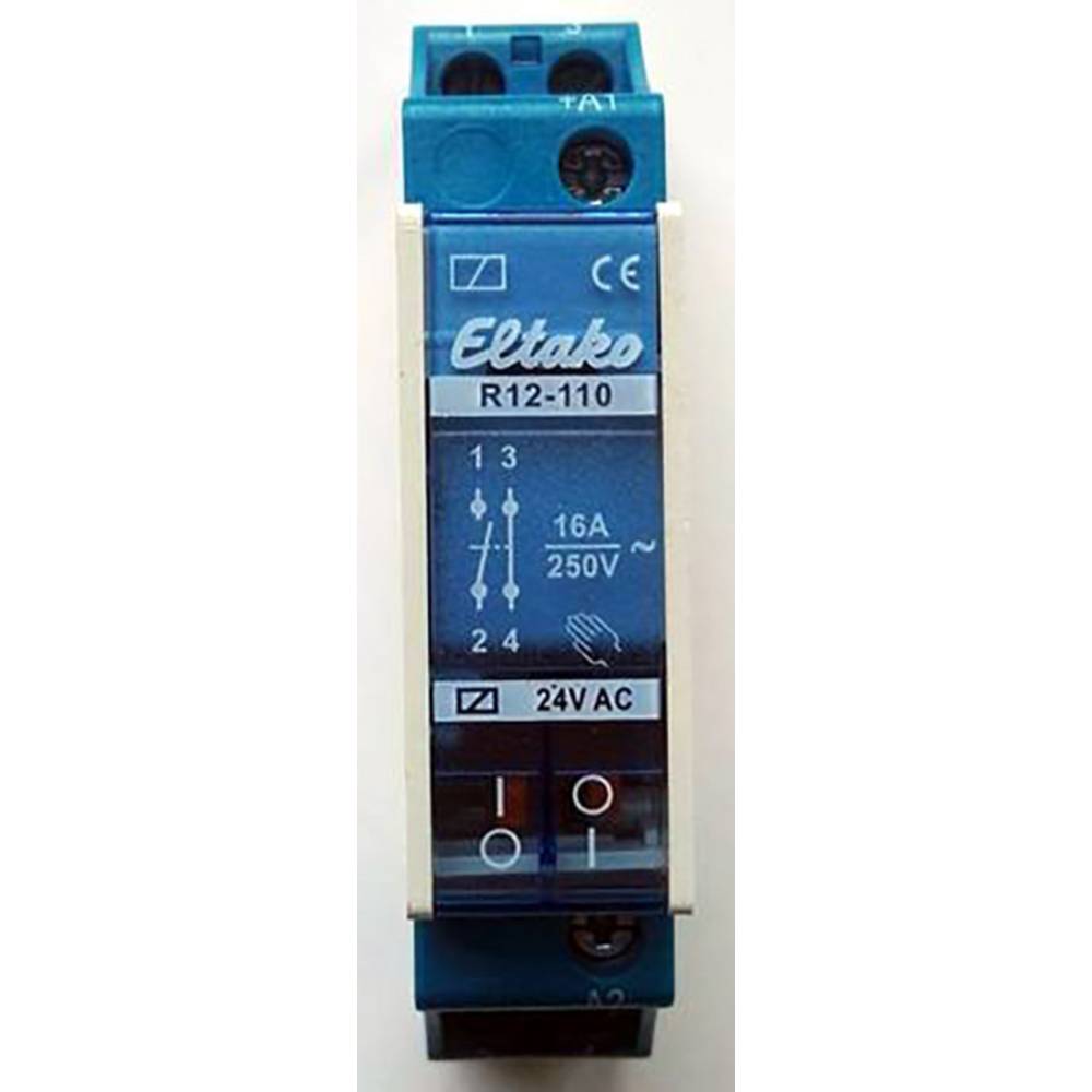 Eltako R12-110-24V spínací relé Jmenovité napětí: 24 V Spínací proud (max.): 8 A 1 spínací kontakt, 1 rozpínací kontakt