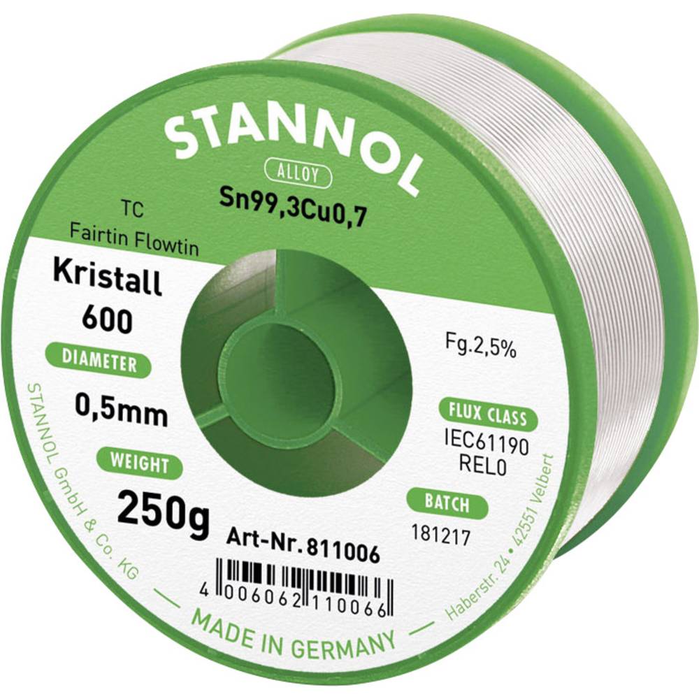 Stannol Kristall 600 Fairtin bezolovnatý pájecí cín bez olova Sn99,3Cu0,7 REL0 250 g 0.5 mm