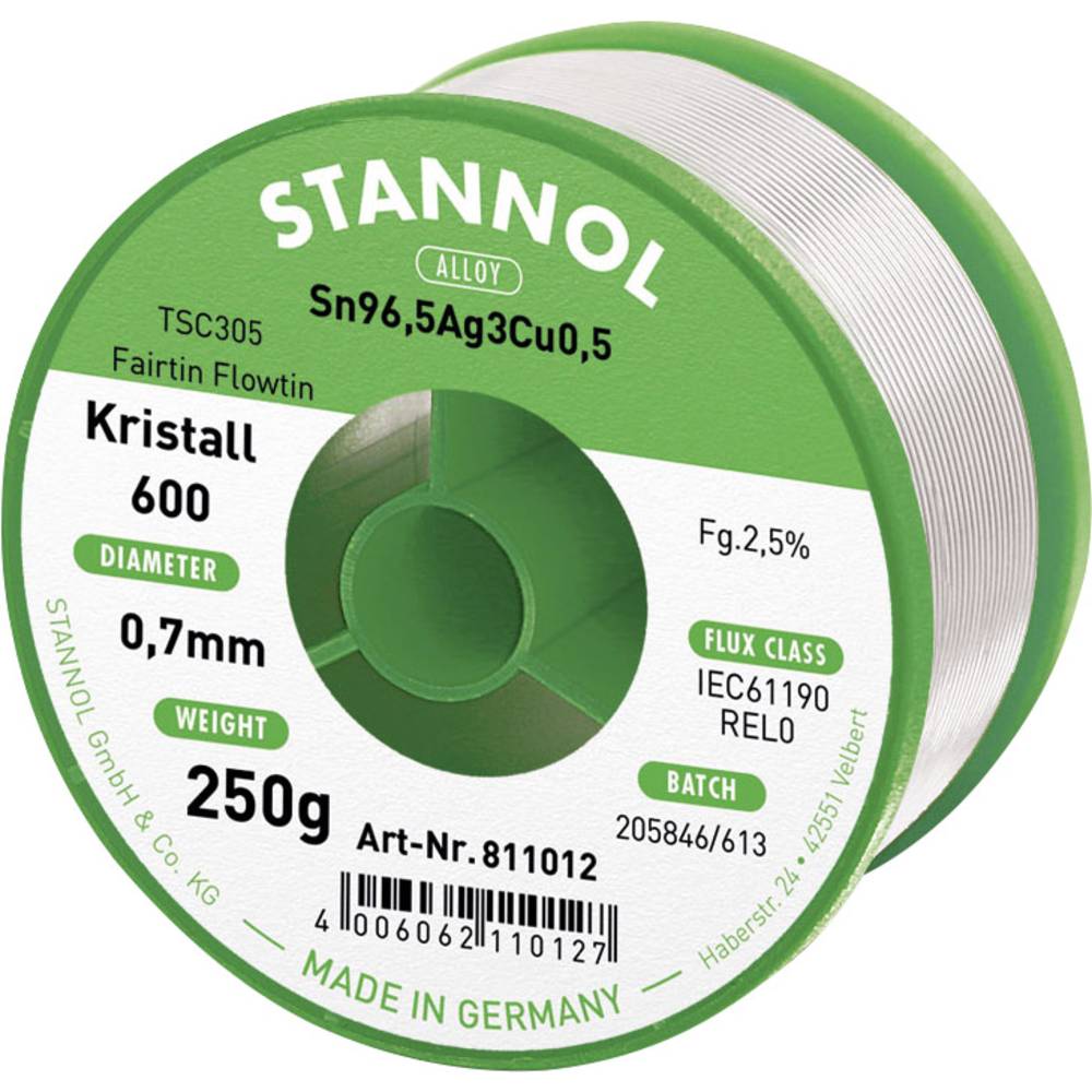 Stannol Kristall 600 Fairtin bezolovnatý pájecí cín bez olova Sn96,5Ag3Cu0,5 REL0 250 g 0.7 mm