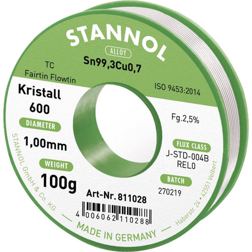 Stannol Kristall 600 Fairtin bezolovnatý pájecí cín bez olova Sn99,3Cu0,7 REL0 100 g 1 mm