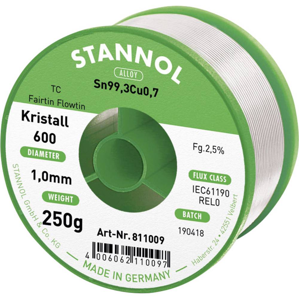 Stannol Kristall 600 Fairtin bezolovnatý pájecí cín bez olova Sn99,3Cu0,7 REL0 250 g 1 mm