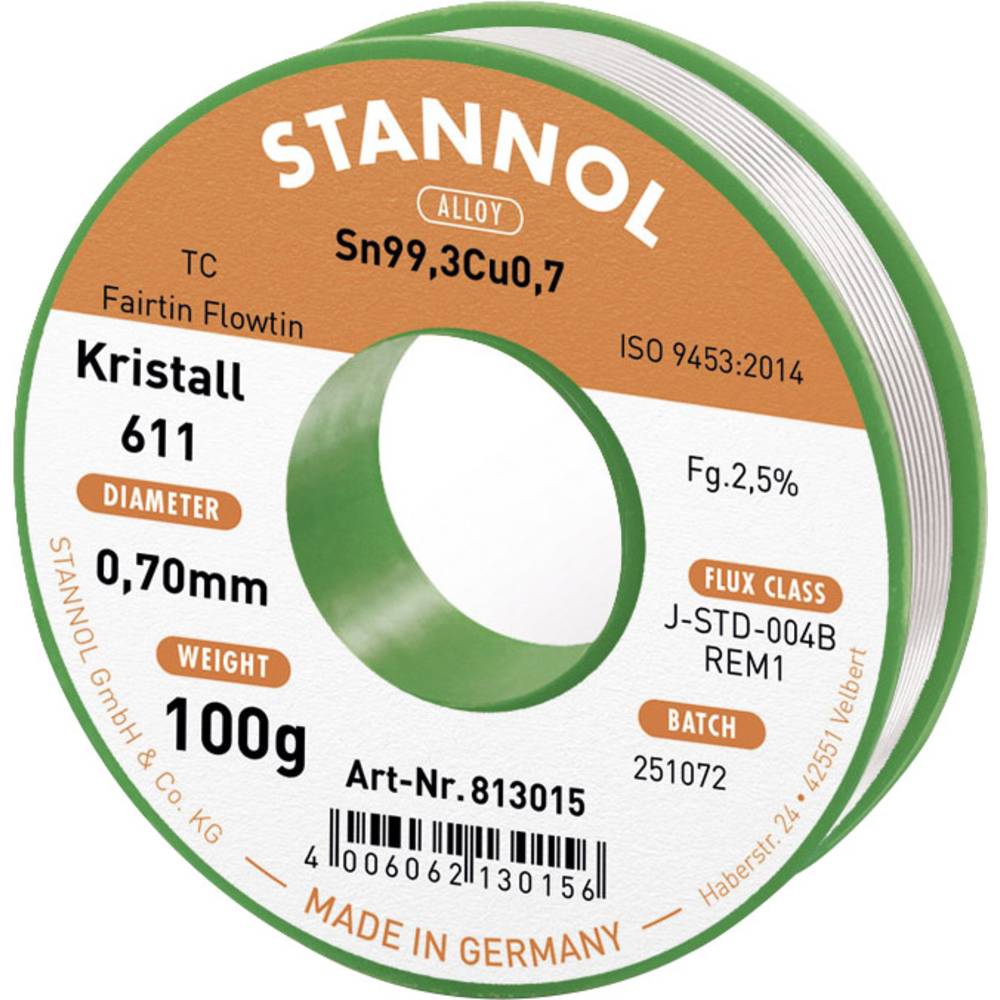Stannol Kristall 611 Fairtin bezolovnatý pájecí cín bez olova Sn99,3Cu0,7 REM1 100 g 0.7 mm