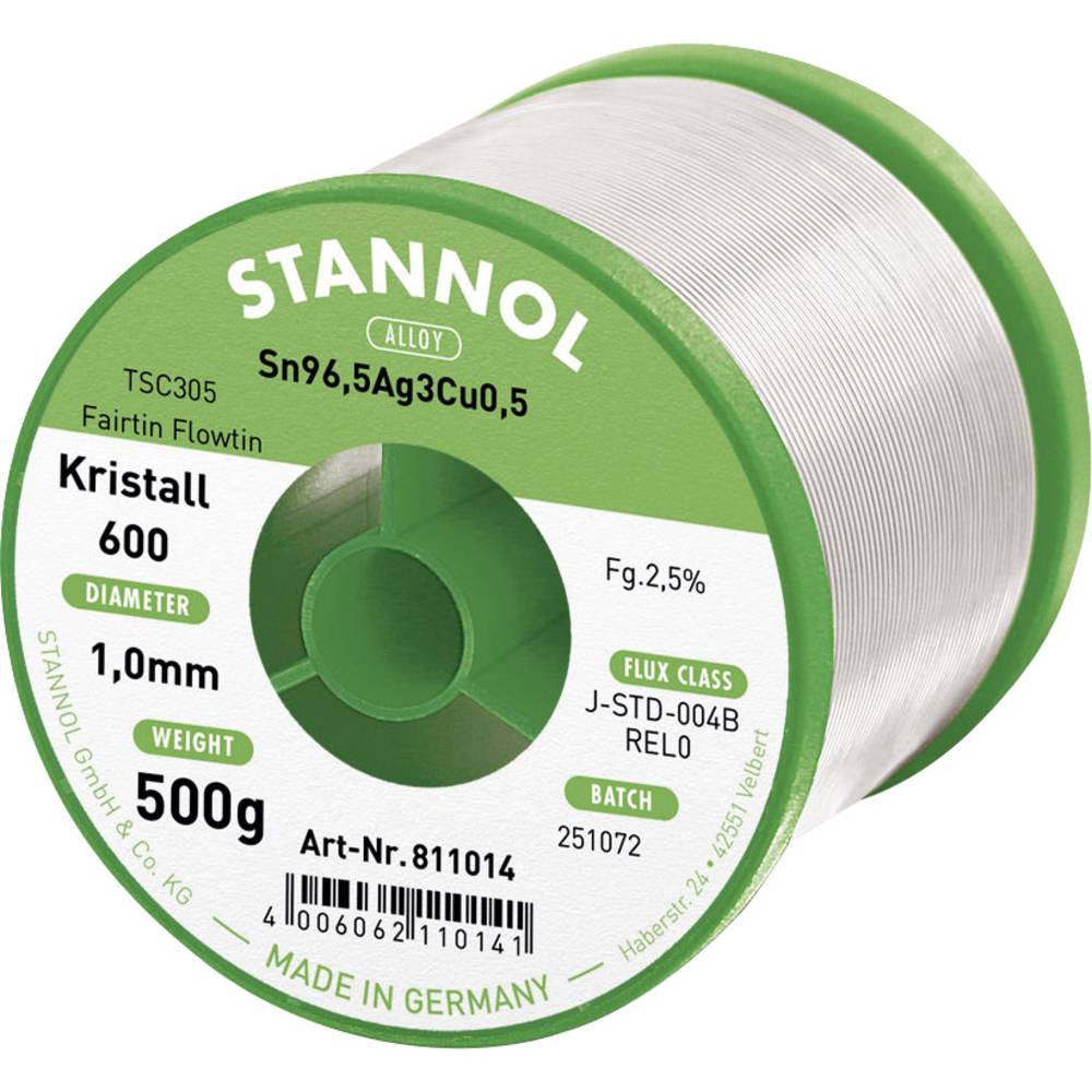 Stannol Kristall 600 Fairtin bezolovnatý pájecí cín bez olova Sn96,5Ag3Cu0,5 REL0 500 g 1 mm