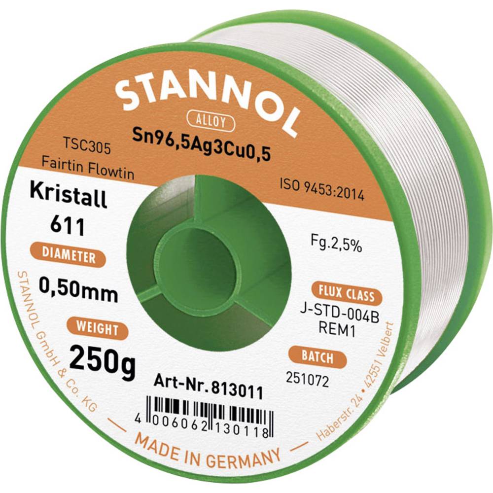 Stannol Kristall 611 Fairtin bezolovnatý pájecí cín bez olova Sn96,5Ag3Cu0,5 REM1 250 g 0.5 mm