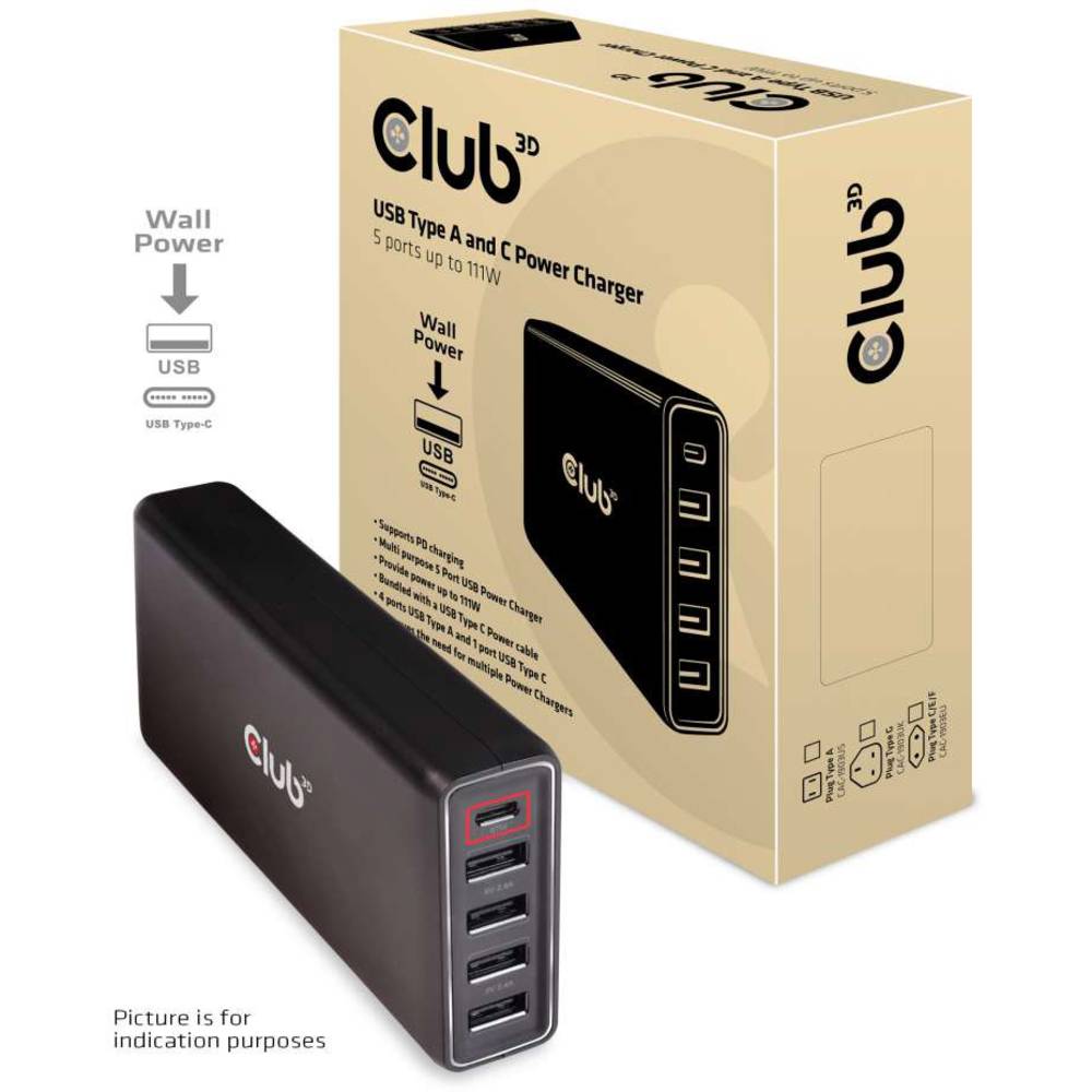 club3D CAC-1903 USB nabíjecí hub do zásuvky (230 V) USB-C® zásuvka, USB 2.0 zásuvka A
