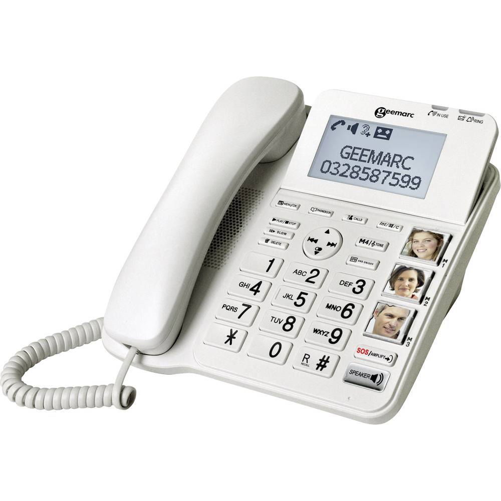 Geemarc CL595 šňůrový telefon pro seniory záznamník, handsfree, optická signalizace hovoru, kompatibilní s naslouchadly