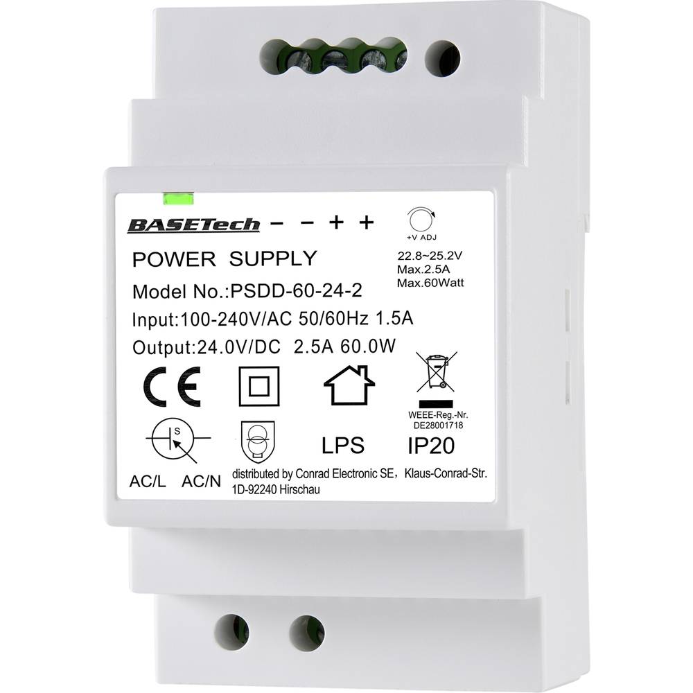 Basetech PSDD-60-24-2 síťový zdroj na DIN lištu, 24 V, 2.5 A, 60 W, výstupy 2 x