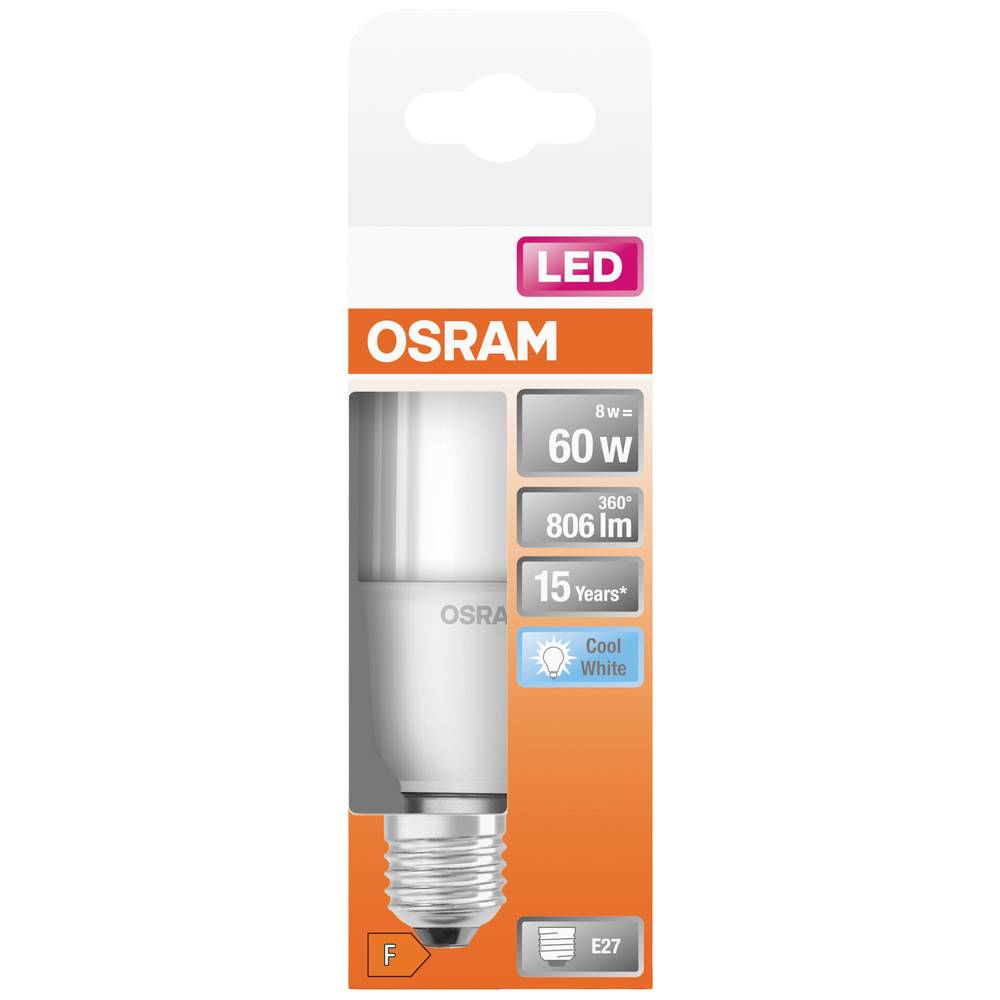 OSRAM 4058075428508 LED Energetická třída (EEK2021) F (A - G) E27 válcový tvar 8 W = 60 W studená bílá (Ø x d) 40.4 mm x
