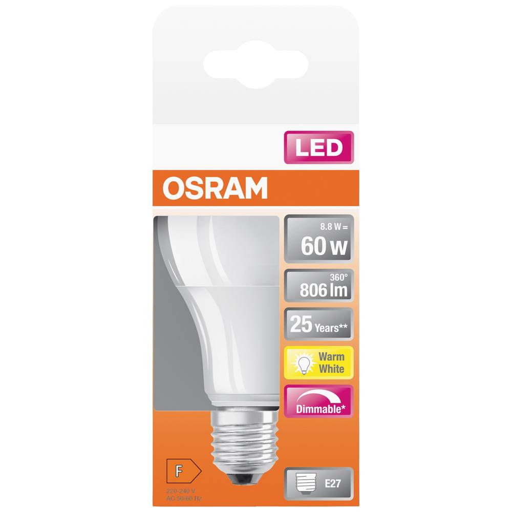 OSRAM 4058075433861 LED Energetická třída (EEK2021) F (A - G) E27 klasická žárovka 8.8 W = 60 W teplá bílá (Ø x d) 60 mm