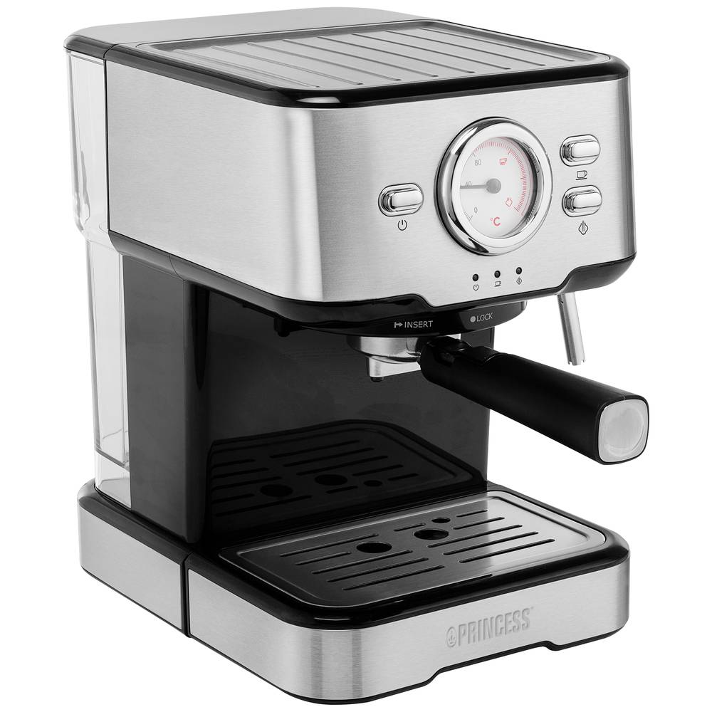 Princess 01.249412.01.001 kapslový kávovar nerezová ocel, černá s tryskou pro napěnění mléka, s tlakovým mechanizmem, s funkcí filtrování kávy