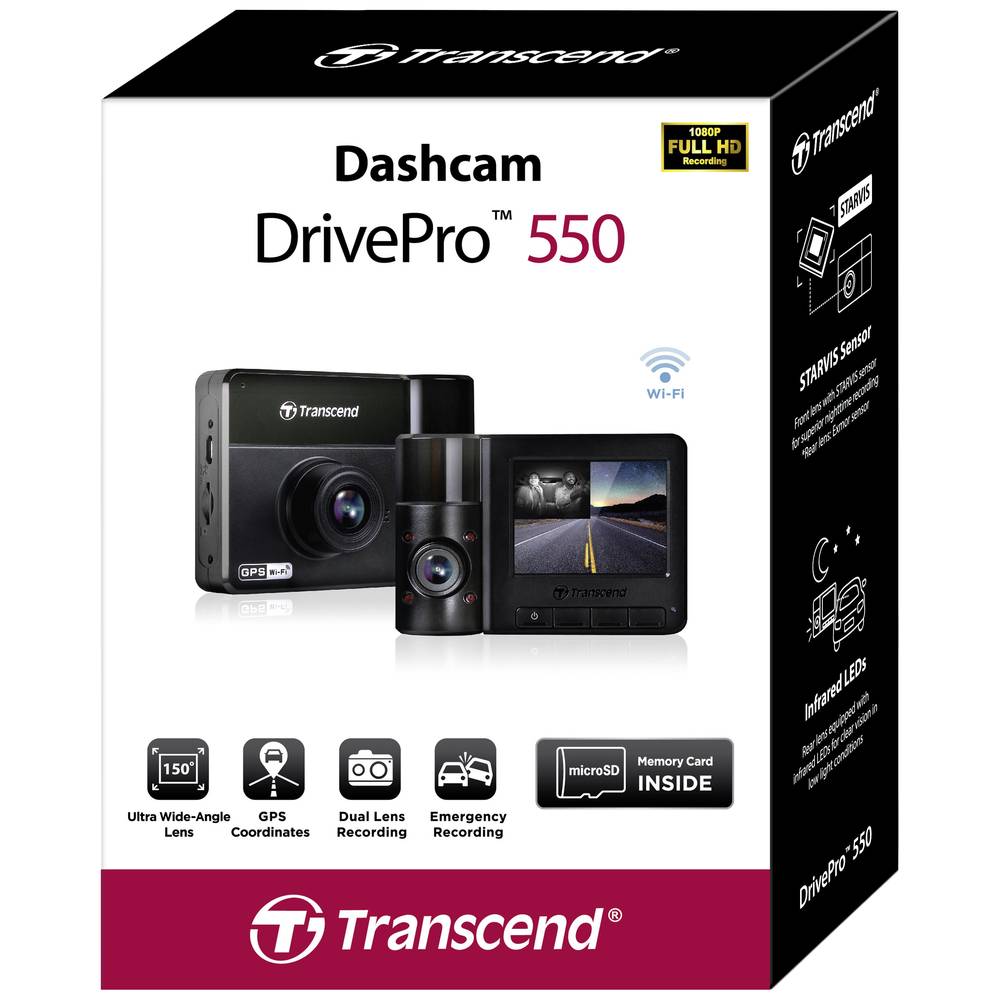 Transcend DrivePro 550B kamera za čelní sklo s GPS, 150 ° 12 V, 24 V WLAN, akumulátor, vnitřní kamera
