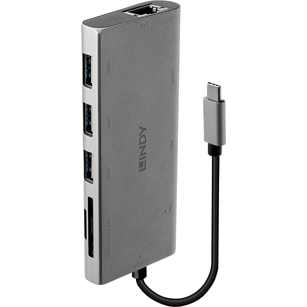 LINDY 43278 USB-C® konvertor [1x USB-C® zástrčka - 3x USB 3.2 gen. 1 zásuvka A, VGA zásuvka, HDMI zásuvka, RJ45 zásuvka,