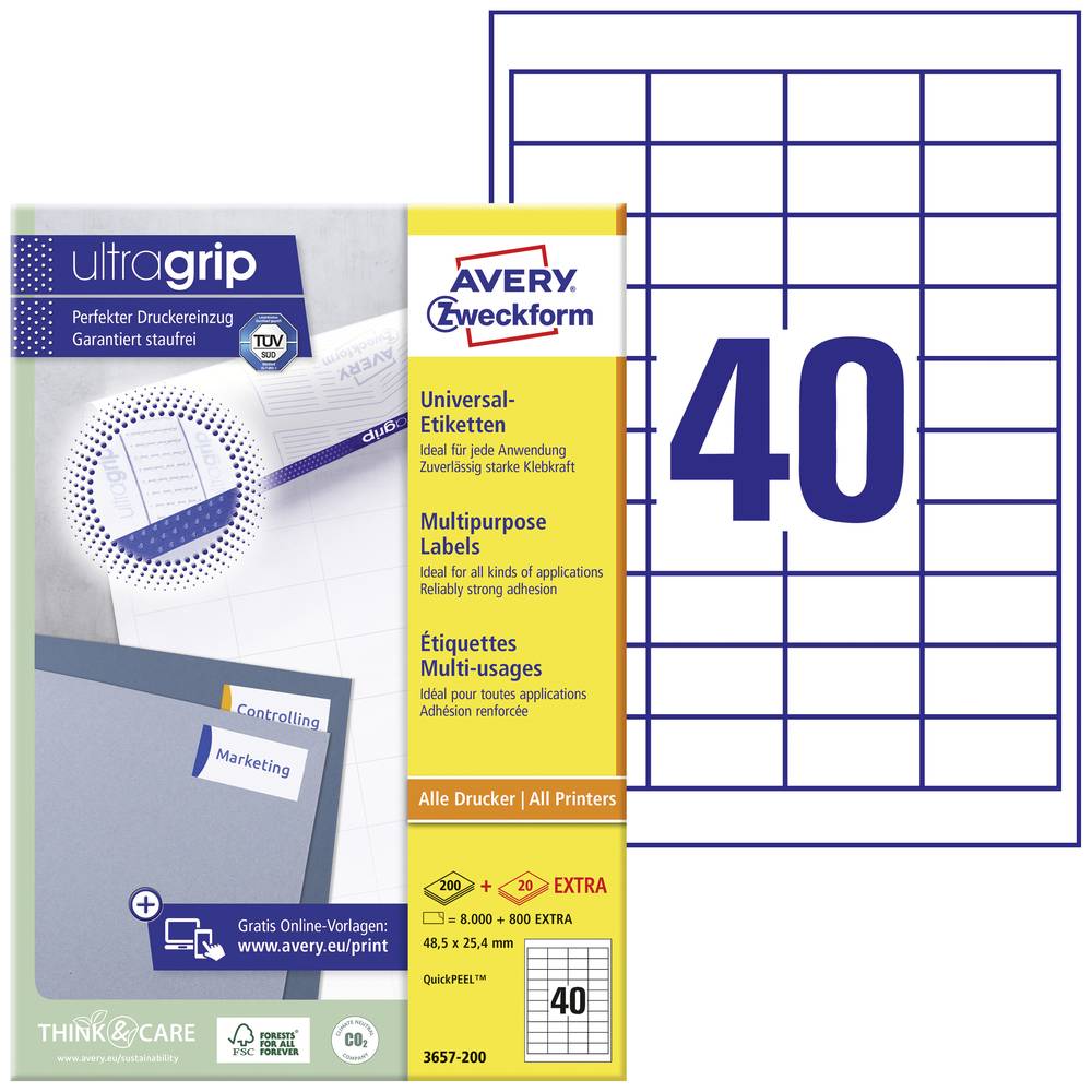 Avery-Zweckform 3657-200 univerzální etikety 48.5 x 25.4 mm papír bílá 8800 ks trvalé barevná laserová tiskárna