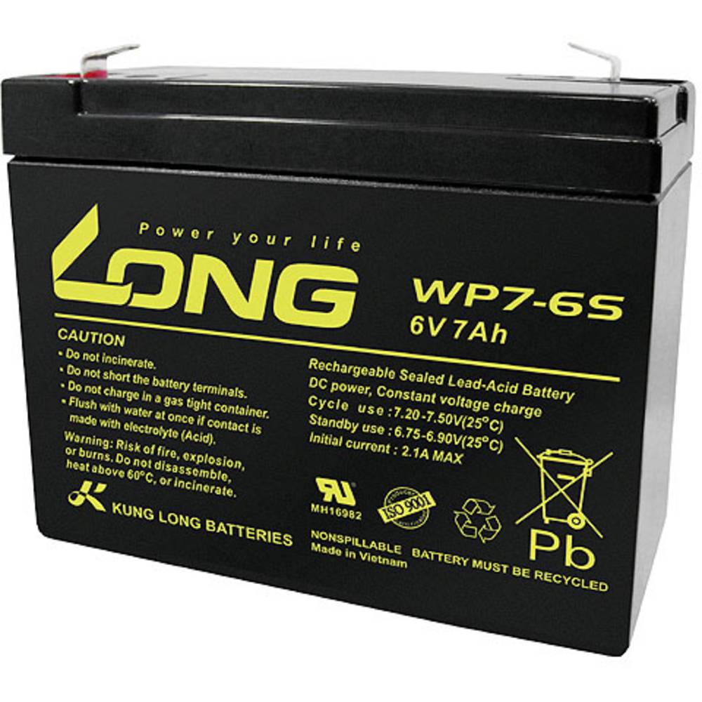 Long WP7-6S WP7-6S olověný akumulátor 6 V 7 Ah olověný se skelným rounem (š x v x h) 116 x 99 x 50 mm plochý konektor 4,