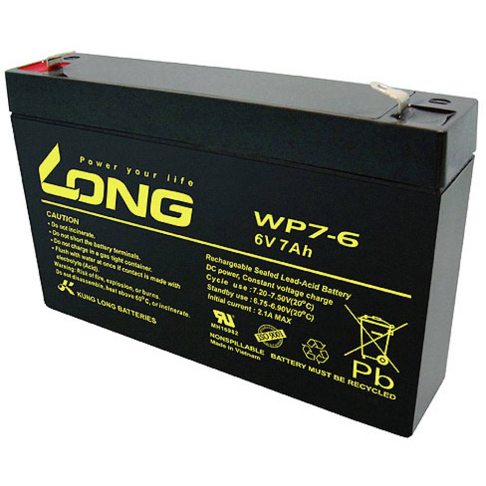 Long WP7-6 WP7-6 olověný akumulátor 6 V 7 Ah olověný se skelným rounem (š x v x h) 151 x 100 x 34 mm plochý konektor 4,8