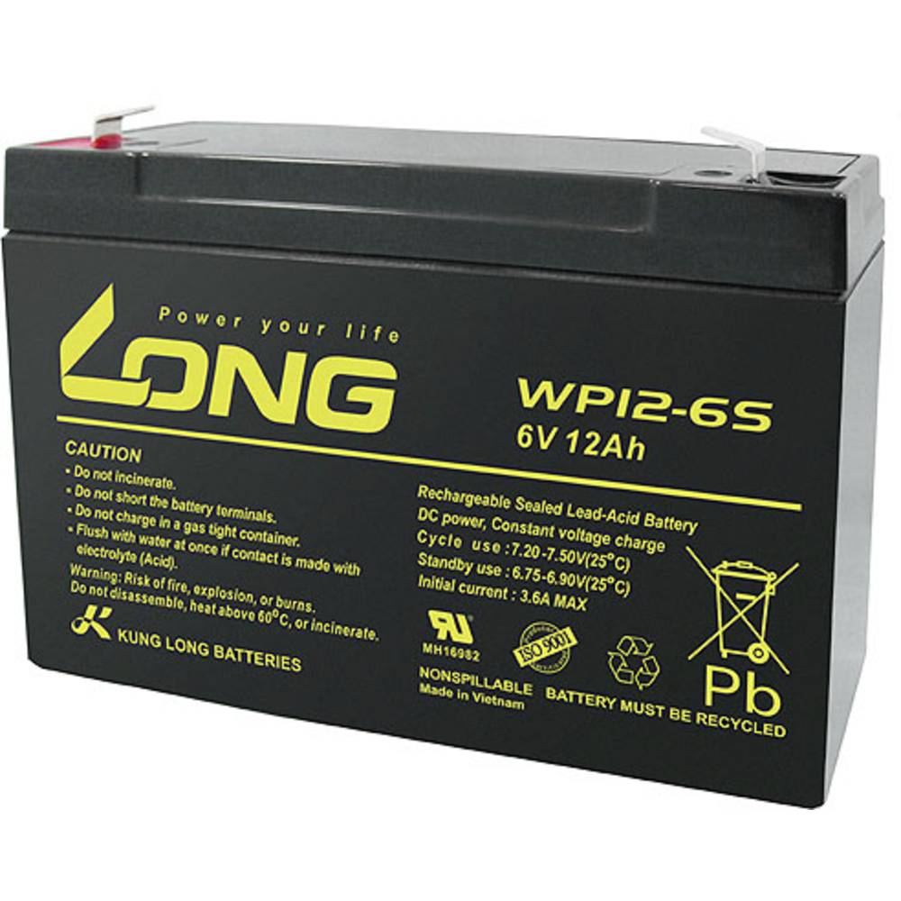 Long WP12-6S WP12-6S olověný akumulátor 6 V 12 Ah olověný se skelným rounem (š x v x h) 151 x 99 x 50 mm plochý konektor