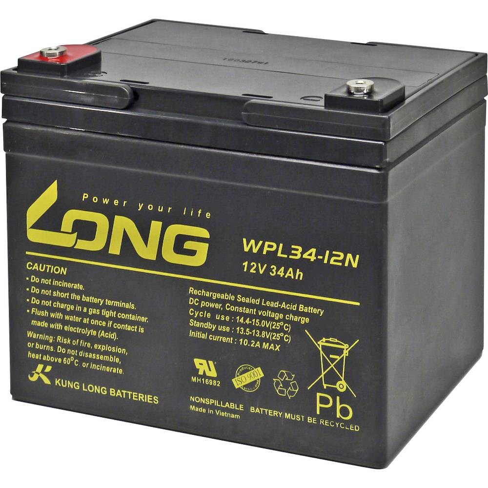 Long WPL34-12 WPL34-12 olověný akumulátor 12 V 34 Ah olověný se skelným rounem (š x v x h) 197 x 170 x 131 mm šroubované