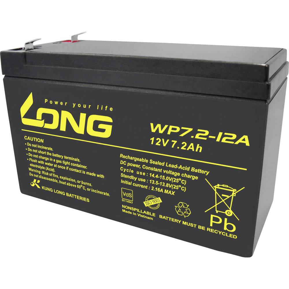 Long WP7.2-12A/F2 WP7.2-12A/F2 olověný akumulátor 12 V 7.2 Ah olověný se skelným rounem (š x v x h) 151 x 102 x 65 mm pl