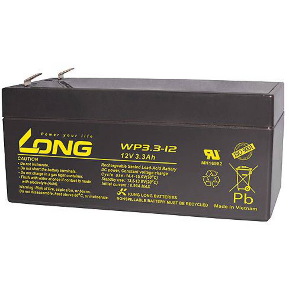 Long WP3.3-12 WP3.3-12 olověný akumulátor 12 V 3.3 Ah olověný se skelným rounem (š x v x h) 134 x 65.5 x 67 mm plochý ko