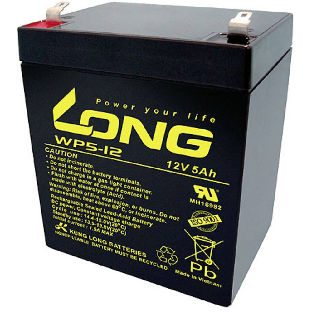 Long WP5-12/F1 WP5-12/F1 olověný akumulátor 12 V 5 Ah olověný se skelným rounem (š x v x h) 90 x 107 x 70 mm plochý kone
