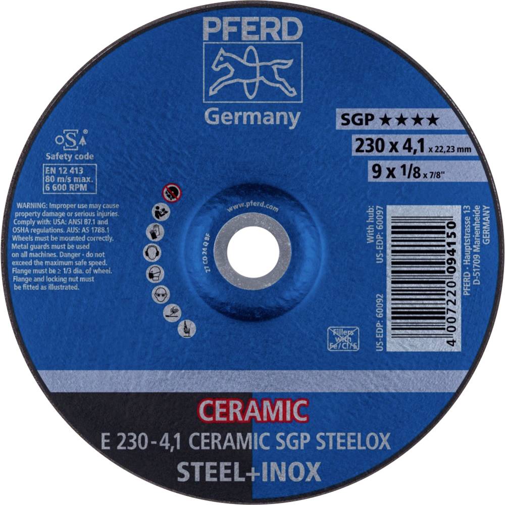 PFERD 62100230 E 230-4,1 CERAMIC SGP STEELOX brusný kotouč lomený Průměr 230 mm Ø otvoru 22.23 mm nerezová ocel, ocel 10