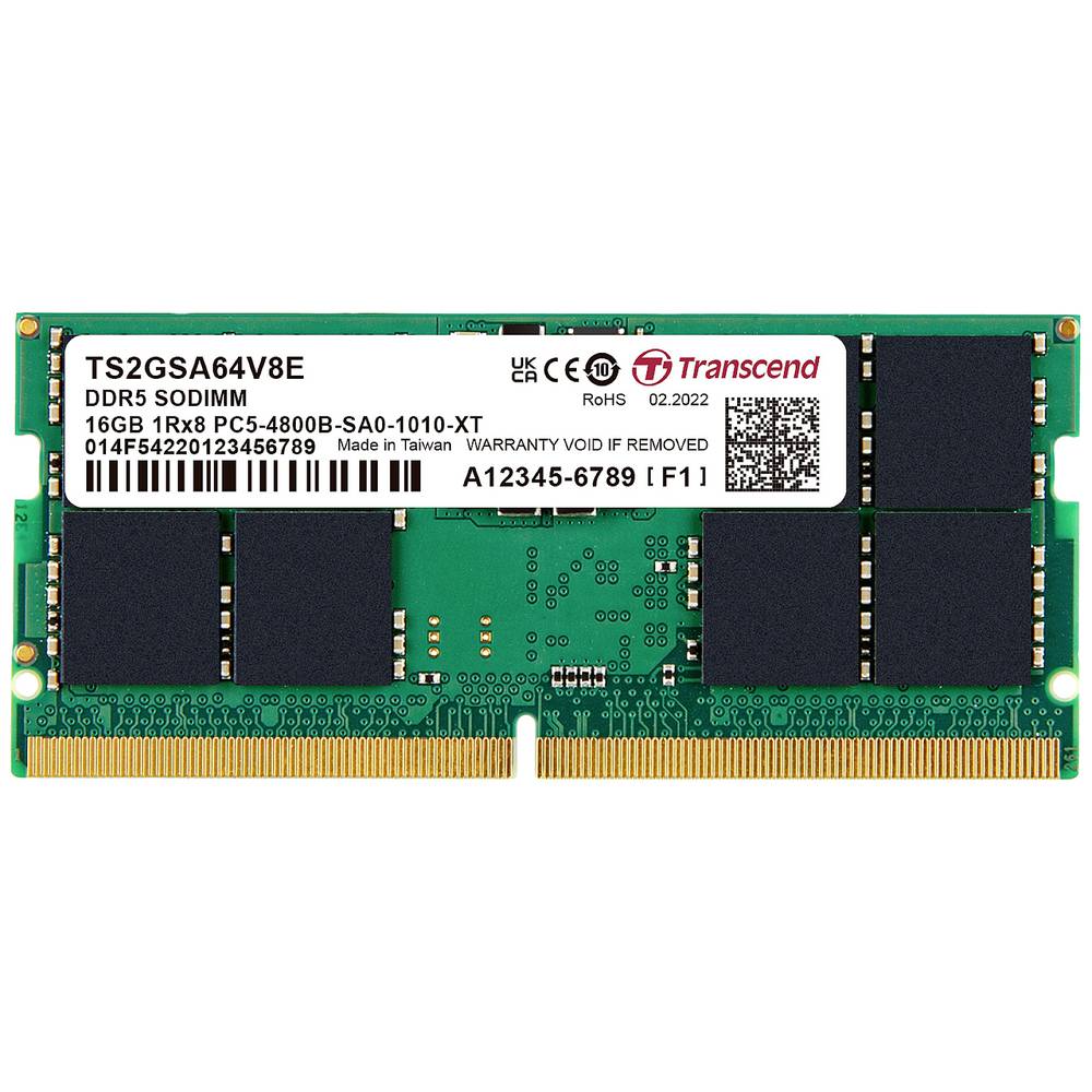 Transcend Sada RAM pamětí pro notebooky Industrial DDR5 16 GB 2 x 8 GB 4800 MHz 262pinový modul SO DIMM CL40 TS2GSA64V8E