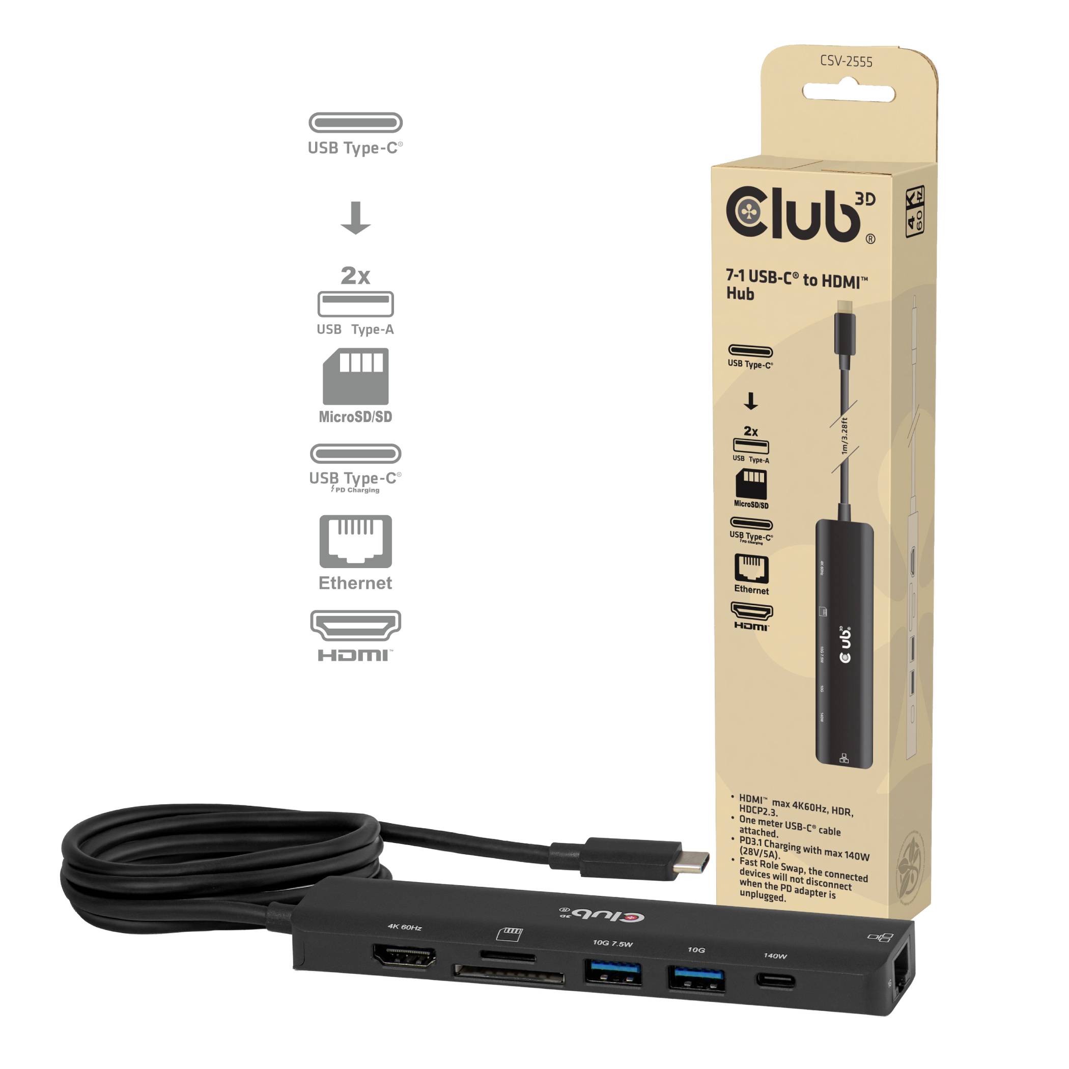 Club3D CSV-2555 USB-hub 7 poorten USB-A, RJ45, HDMI, Micro-SD, SD, USB-C (met Power Delivery) Zwart